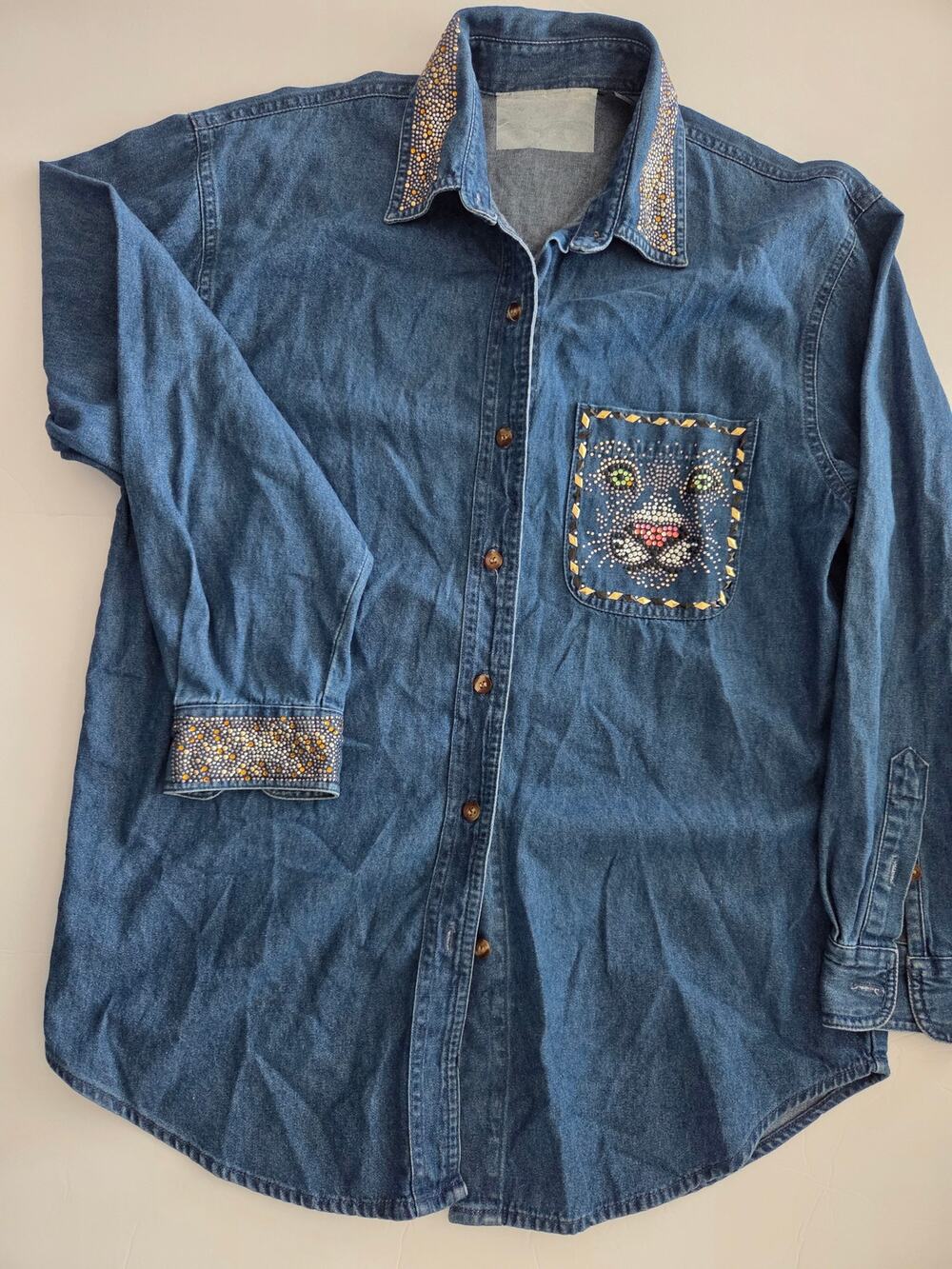 Vintage Rhinestone Panther Denim Shirt Studded Leopard Cheetah Cat Jean Shirt L